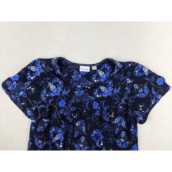 KIM ROGERS - WOMEN'S BLUE FLORAL PRINT SHORT SLEEVE STRETCH KNIT TOP - SIZE PM - Picture 3 of 7